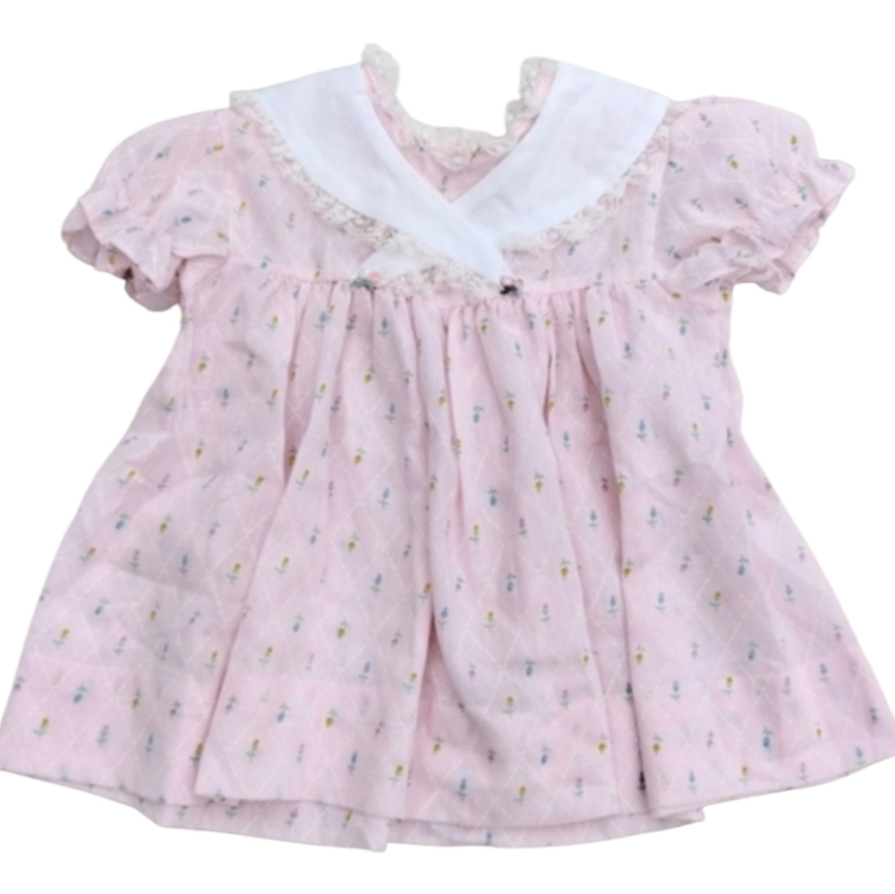 Vintage Toddle Time Pink And White Rosette Lace Dress Baby Girls Size 9 Months